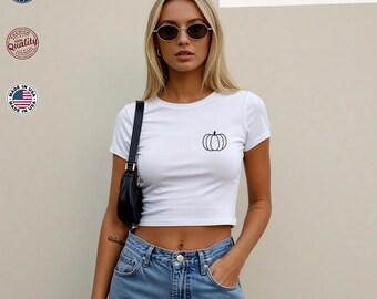 Camiseta de bebé con bordado de calabaza, camiseta con contorno de calabaza, camiseta de calabaza de otoño, camiseta minimalista, regalo de calabaza, regalo bordado, regalo de Halloween