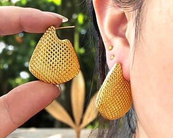 Textured Gold Silver Statement Earrings | Bold Sculptural Drop Earrings | Lightweight Modern Jewellery | Gift for Her | Elegant Party Style