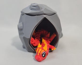 Dragón Anciano de Fuego Elemental con Bebé Dragón y Cueva de Roca Impreso en 3D