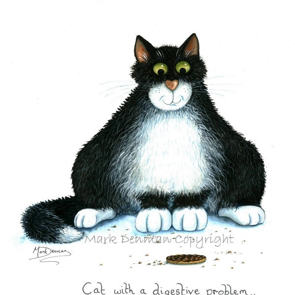 chat souffrant de troubles digestifs, impression signée d'après une aquarelle de Mark Denman