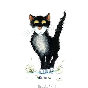 Scaredy cat signed print from a watercolour by UK artist Mark Denman