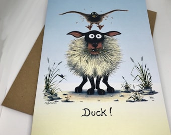 funny sheep and duck greetings card by UK artist Mark Denman