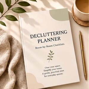 Könnte beinhalten: Ein Softcover-Planer zum Entrümpeln mit cremefarbenem Einband und abstrakten Formen in Salbeigrün und Beige. Der Text lautet: DECLUTTERING PLANNER, Room-by-Room Checklists, Clear your space. Simplify your home. A gentle, practical reset for everyday spaces.