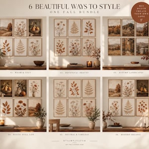 Könnte beinhalten: Eine Sammlung von sechsteiligen Wandkunst-Sets mit herbstlichen botanischen Illustrationen und Landschaften in warmen, erdigen Tönen. Das Bild zeigt sechs verschiedene Anordnungen, nummeriert von 01 bis 06, die diverse Kombinationen von Drucken präsentieren.