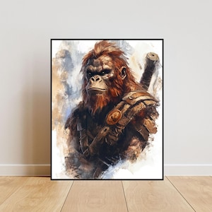 Orangutan warrior portrait watercolor style, wall art, 1 high quality jpg, digital download for printing, animal poster 002
