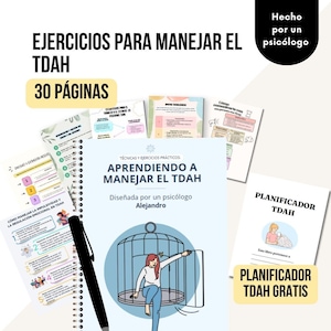 Puede incluir: Materiales educativos para la gestión del TDAH. Incluye un libro encuadernado en espiral titulado "Aprendiendo a manejar el TDAH" con una ilustración de jaula, un bolígrafo y varias hojas informativas. El texto incluye "Ejercicios para manejar el TDAH".