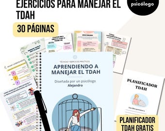 Hojas para trabajar el TDAH, planificador de TDAH para adultos, manual de terapia para TDAH, recurso para terapeutas, herramientas tdah