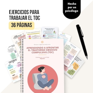Op de afbeelding: Een spiraalgebonden boek getiteld "APRENDIENDO A AFRONTAR EL TRASTORNO OBSESIVO COMPULSIVO (TOC)" met 36 pagina's, ontworpen door een psycholoog. Er zijn ook papieren en een zwarte pen. De omslag van het boek toont een illustratie van een persoon.