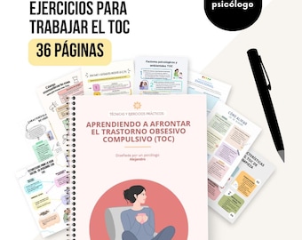 Puede incluir: Un libro encuadernado en espiral titulado "APRENDIENDO A AFRONTAR EL TRASTORNO OBSESIVO COMPULSIVO (TOC)" con 36 páginas, diseñado por un psicólogo. También se ven papeles y un bolígrafo negro. La portada del libro presenta una ilustración de una persona.