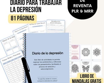 Puede incluir: Un diario azul y blanco con el título "Diario para trabajar la depresión" y "81 páginas". El diario está abierto en una página con el título "Diario de la depresión" y una descripción del contenido del diario. La imagen también incluye un conjunto de páginas para colorear mandalas en blanco y negro.