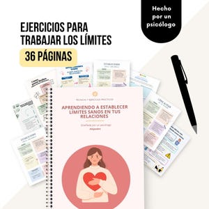 Puede incluir: Un cuaderno encuadernado en espiral titulado "Ejercicios para trabajar los límites" con 36 páginas. La portada presenta una ilustración de una persona sosteniendo un corazón. También se ven varias páginas sueltas y un bolígrafo negro.