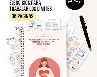 Puede incluir: Un cuaderno encuadernado en espiral titulado "Ejercicios para trabajar los límites" con 36 páginas. La portada presenta una ilustración de una persona sosteniendo un corazón. También se ven varias páginas sueltas y un bolígrafo negro.