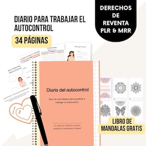 Puede incluir: Un diario con espiral titulado "DIARIO PARA TRABAJAR EL AUTOCONTROL" y el texto "34 PÁGINAS". El diario está abierto, mostrando hojas de trabajo y un bolígrafo negro. También incluye el texto "LIBRO DE MANDALAS GRATIS".