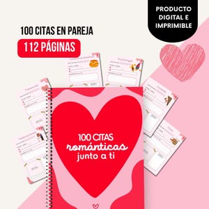 Puede incluir: Una libreta de espiral rosa y roja con un gran corazón rojo en la portada. El corazón tiene el texto "100 CITAS románticas junto a ti" en blanco. La libreta está rodeada de tarjetas más pequeñas con diferentes actividades, como "Caminata al atardecer" y "Día de kayak".