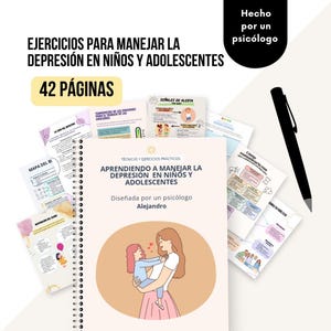 Puede incluir: Un libro encuadernado en espiral titulado "APRENDIENDO A MANEJAR LA DEPRESIÓN EN NIÑOS Y ADOLESCENTES" con 42 páginas. La portada presenta una ilustración de una madre y un niño. La imagen también incluye un bolígrafo negro y varias hojas informativas.