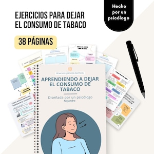 Puede incluir: Un cuaderno de espiral titulado "Ejercicios para dejar de fumar" con el texto "38 páginas". La portada presenta una ilustración de mujer y el título "Aprendiendo a dejar el consumo de tabaco". Se ven páginas adicionales y un bolígrafo negro.