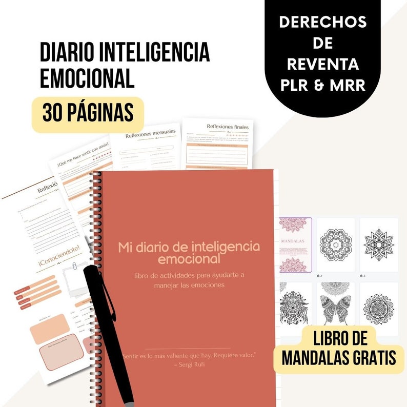 May include: A red and white journal with the title "Mi diario de inteligencia emocional" and the text "libro de actividades para ayudarte a manejar las emociones". The journal is open to reveal a page with a quote by Sergi Rufi. The image also includes a set of six black and white mandalas and a butterfly mandala.