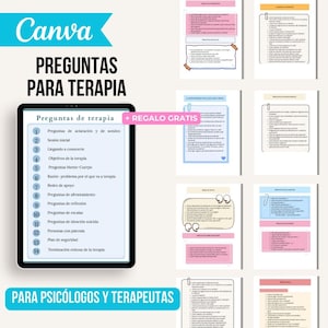 May include: A digital product with the Canva logo and the text "PREGUNTAS PARA TERAPIA" (Questions for Therapy). The image shows a tablet with a list of therapy questions and several pages with question prompts. The text "PARA PSICÓLOGOS Y TERAPEUTAS" (For Psychologists and Therapists) is also visible.