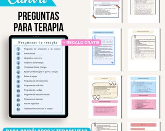 May include: A digital product with the Canva logo and the text "PREGUNTAS PARA TERAPIA" (Questions for Therapy). The image shows a tablet with a list of therapy questions and several pages with question prompts. The text "PARA PSICÓLOGOS Y TERAPEUTAS" (For Psychologists and Therapists) is also visible.