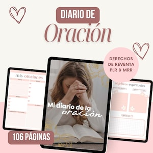 Puede incluir: Diario de oración digital con el título "DIARIO DE Oración" en un esquema de color rosa y marrón. La imagen muestra tres tabletas que muestran páginas del diario, incluyendo secciones para oraciones y metas espirituales. El diario tiene 106 páginas.