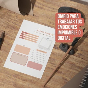 May include: A printable or digital journal with the title "Diario para trabajar tus emociones" in Spanish, which translates to "Journal to work on your emotions". The journal has a light pink and peach color scheme and includes a section titled "&iexcl;Conoci&eacute;ndote!" which translates to "Getting to know you!"