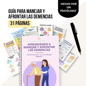 Puede incluir: Un libro encuadernado en espiral titulado "GUÍA PARA MANEJAR Y AFRONTAR LAS DEMENCIAS" con 31 páginas. La portada presenta ilustraciones de una persona mayor y una persona más joven. Se ven páginas adicionales y un bolígrafo.