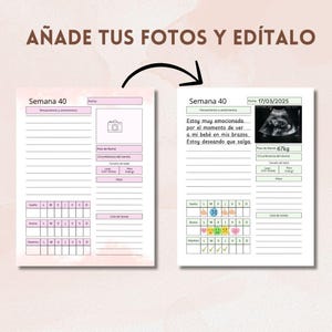 May include: A pink and green printable pregnancy tracker with a calendar, a section for notes, and a section for tracking baby measurements. The tracker is labeled "Semana 40" and includes the date "17/03/2025".