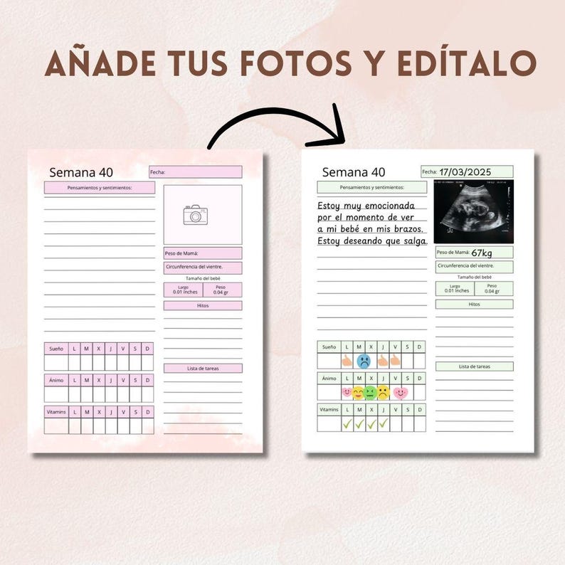 May include: A pink and green printable pregnancy tracker with a calendar, a section for notes, and a section for tracking baby measurements. The tracker is labeled "Semana 40" and includes the date "17/03/2025".