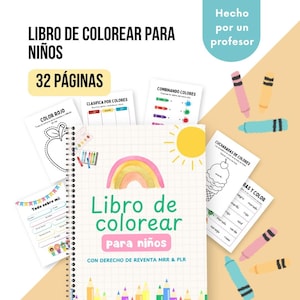 Könnte beinhalten: Ein farbenfrohes Buch mit einem Regenbogen und einer Sonne auf dem Cover. Der Titel lautet "Libro de colorear para niños", was "Malbuch für Kinder" bedeutet. Das Buch hat 32 Seiten und wurde von einem Lehrer erstellt.