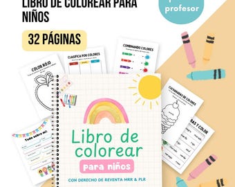 May include: A colorful book with a rainbow and sun on the cover. The title is "Libro de colorear para niños" which translates to "Coloring book for children". The book has 32 pages and is made by a teacher.