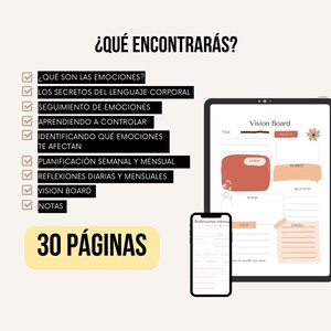 May include: A digital planner with a yellow cover and the text "30 P&Aacute;GINAS" in black. The planner includes sections for vision boards, daily reflections, and tracking emotions.