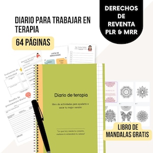 Op de afbeelding: Een groen spiraalgebonden dagboek met de titel "Diario de terapia" en de tekst "64 páginas." De afbeelding toont losbladige pagina's en een zwarte pen. Een mandala-boek is ook zichtbaar.