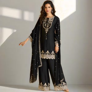 Black Embroidered Pakistani Suit Set - 3 Piece Palazzo Salwar Kameez with Dupatta - Indian Wedding Outfit - Ethnic Formal Wear - Glamsuttra