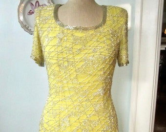 Vintage Bergdorf Goodman, Petite Size 2 Bugle Beaded Cocktail Dress