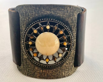 Vintage Leather and Quartz Cuff Bracelet