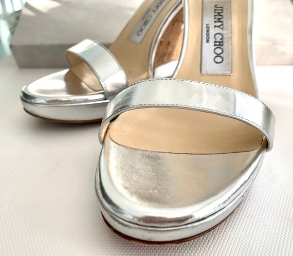 Women's Size 36 JIMMY CHOO Silver Strap Cork Wedg… - image 1