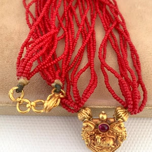 Petite Size Small, 14K South Indian GOLD Vermeil and RED Glass Seed Bead Necklace image 3