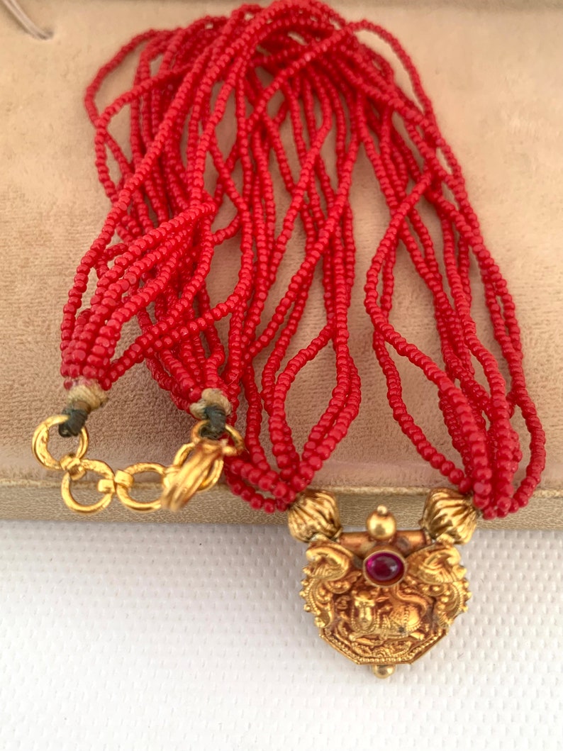 Petite Size Small, 14K South Indian GOLD Vermeil and RED Glass Seed Bead Necklace image 3