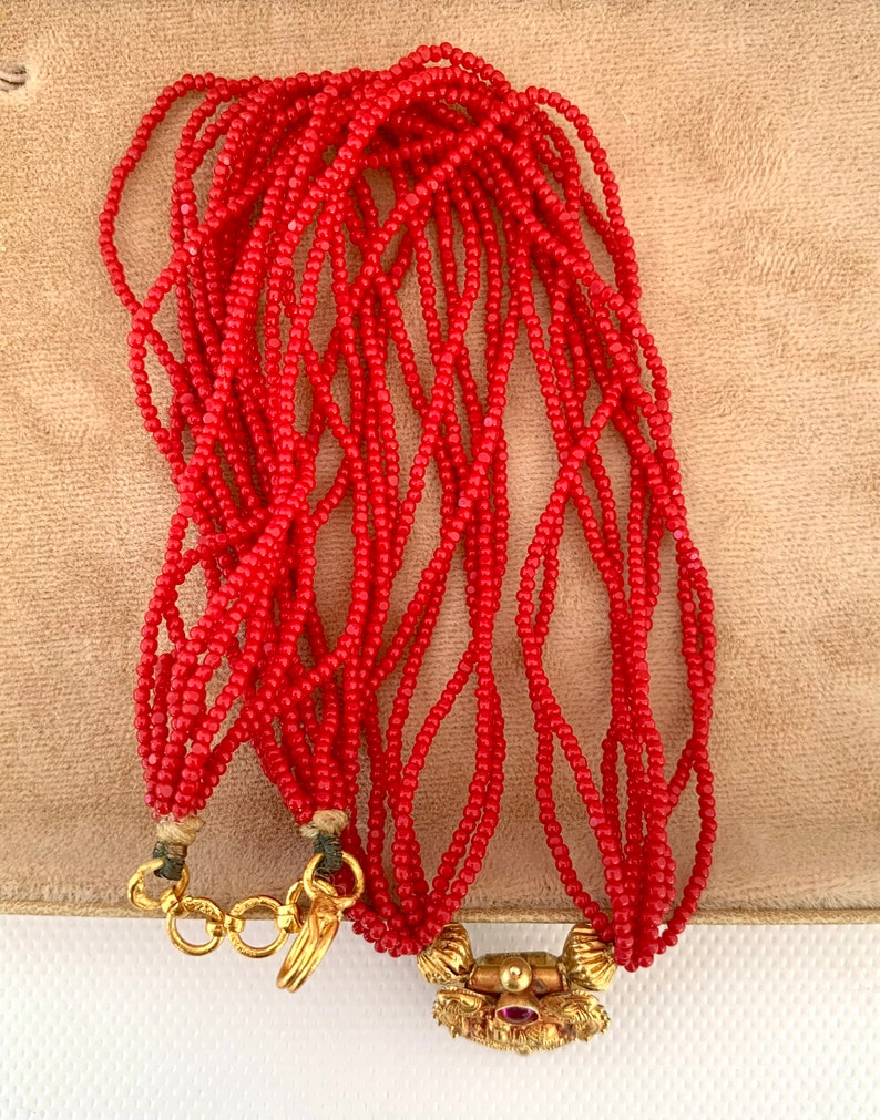 Petite Size Small, 14K South Indian GOLD Vermeil and RED Glass Seed Bead Necklace image 5