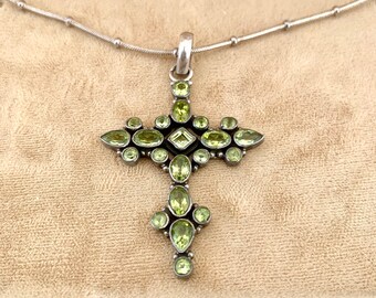 Cross Pendant Necklace Featuring Celadon Green Cabochons and 925 Silver