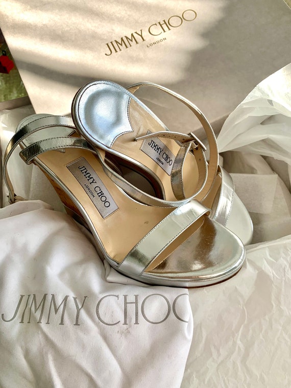Women's Size 36 JIMMY CHOO Silver Strap Cork Wedg… - image 9