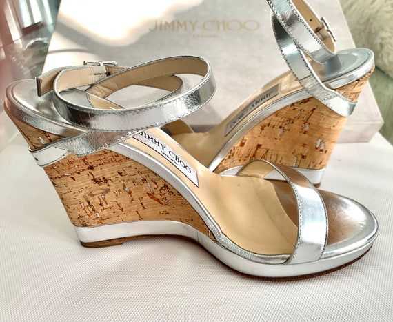 Women's Size 36 JIMMY CHOO Silver Strap Cork Wedg… - image 5