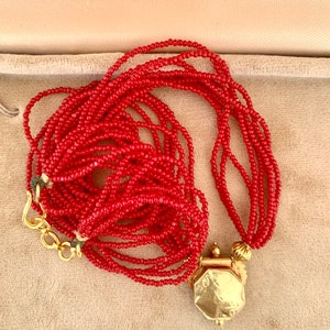 Petite Size Small, 14K South Indian GOLD Vermeil and RED Glass Seed Bead Necklace image 4