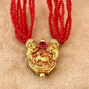 Petite Size Small, 14K South Indian GOLD Vermeil and RED Glass Seed Bead Necklace image 1