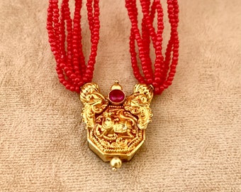 Petite Size Small, 14K South Indian GOLD Vermeil and RED Glass Seed Bead Necklace