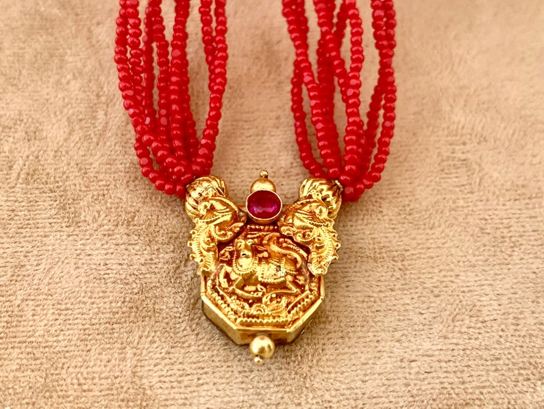Petite Size Small, 14K South Indian GOLD Vermeil and RED Glass Seed Bead Necklace image 1