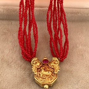 Petite Size Small, 14K South Indian GOLD Vermeil and RED Glass Seed Bead Necklace image 2