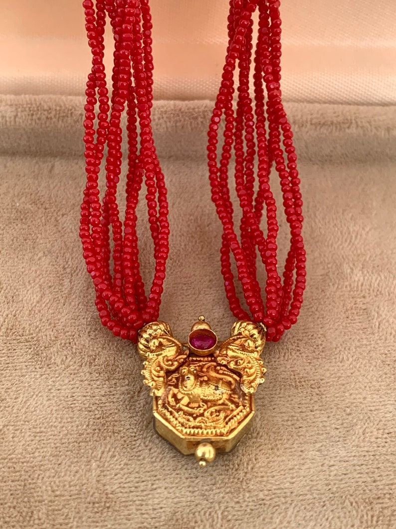 Petite Size Small, 14K South Indian GOLD Vermeil and RED Glass Seed Bead Necklace image 2