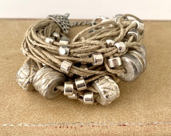 Vintage Multistrand Bracelet, Natural Hemp and Silver Beaded Bracelet