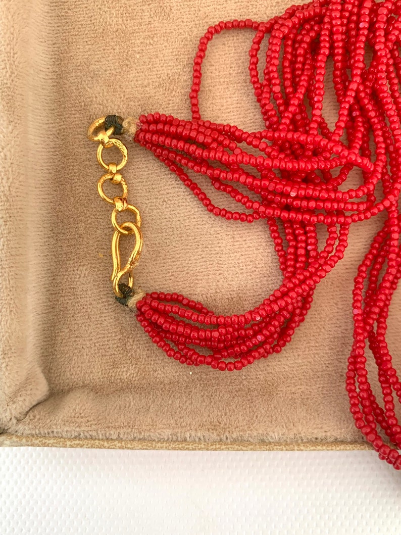 Petite Size Small, 14K South Indian GOLD Vermeil and RED Glass Seed Bead Necklace image 9